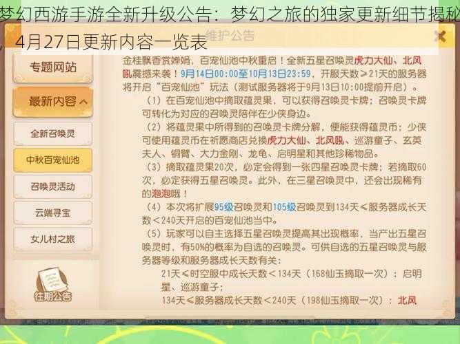 梦幻西游手游全新升级公告：梦幻之旅的独家更新细节揭秘，4月27日更新内容一览表